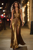 Gold Halter Sheath Ruched Metallic Long Prom Dress with Slit