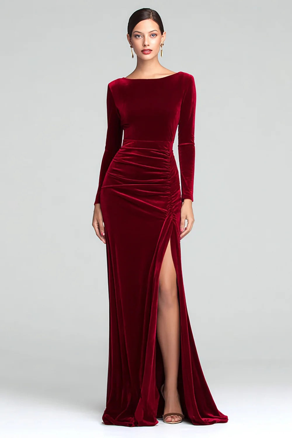 WEDTREND Women Burgundy Velvet Formal Dress with Slit Sheath Long Sleeves Boat Neck Maxi Holiday Dress WEDTREND Women Burgundy Velvet Formal Dress with Slit Sheath Long Sleeves Boat Neck Maxi Holiday Dress