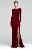 Burgundy Sheath Velvet Long Sleeves Formal Dress with Slit