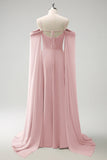 A-Line Cold Shoulder Convertible Chiffon Long Lilac Bridesmaid Dress with Capes