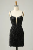 Black Bodycon Spaghetti Straps Sequins Short Homecoming Dress with Criss Cross Back
