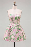 Pink Floral Jacquard Strapless A Line Homecoming Dress with Pearls