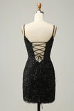 Black Bodycon Spaghetti Straps Sequins Short Homecoming Dress with Criss Cross Back