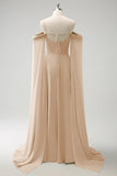 Light Green Fitted Cold Shoulder Chiffon Bridesmaid Dress with Detachable Sleeves
