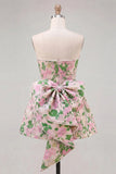 Pink Floral Jacquard Strapless A Line Homecoming Dress with Pearls