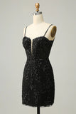 Black Bodycon Spaghetti Straps Sequins Short Homecoming Dress with Criss Cross Back
