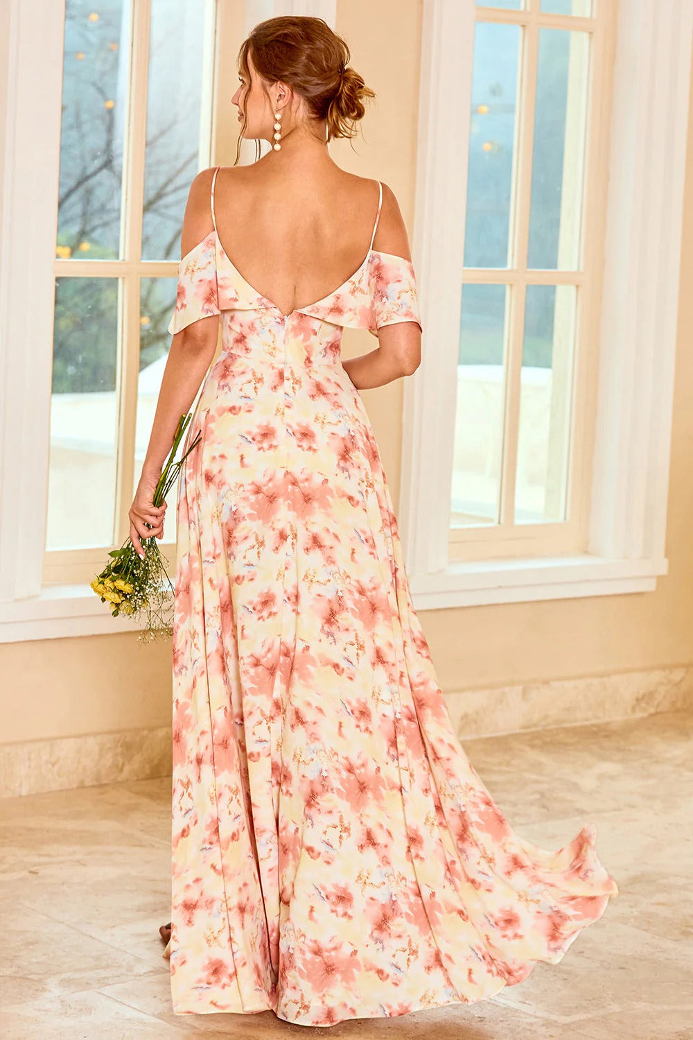 Wedtrend Women Long Bridesmaid Dress Blue Floral Print A Line Off the Shoulder Wedding Guest Dress, Blush / US22W