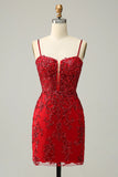 Sparkly Red Bodycon Sequins Mini Homecoming Dress with Criss Cross Back