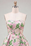 Pink Floral Jacquard Strapless A Line Homecoming Dress with Pearls