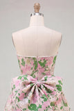 Pink Floral Jacquard Strapless A Line Homecoming Dress with Pearls