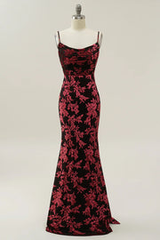 Sheath Spaghetti Straps Velvet Burnout Burgundy Bridesmaid Dress