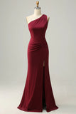 Burgundy Mermaid One Shoulder Ruched Long Bridesmaid Dress with Slit