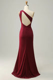 Burgundy Mermaid One Shoulder Ruched Long Bridesmaid Dress with Slit