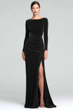 Burgundy Sheath Velvet Long Sleeves Formal Dress with Slit