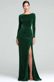 Burgundy Sheath Velvet Long Sleeves Formal Dress with Slit