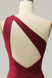 Burgundy Mermaid One Shoulder Ruched Long Bridesmaid Dress with Slit