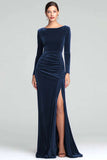 Burgundy Sheath Velvet Long Sleeves Formal Dress with Slit