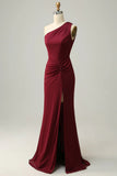 Burgundy Mermaid One Shoulder Ruched Long Bridesmaid Dress with Slit