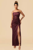 Sheath Spaghetti Straps Burgundy Long Bridesmaid Dress with Split Front