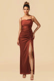 Sheath Spaghetti Straps Burgundy Long Bridesmaid Dress with Split Front