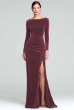 Burgundy Sheath Velvet Long Sleeves Formal Dress with Slit