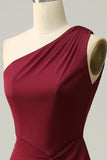 Burgundy Mermaid One Shoulder Ruched Long Bridesmaid Dress with Slit