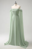 A-Line Cold Shoulder Convertible Chiffon Long Lilac Bridesmaid Dress with Capes