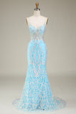 Glitter Light Blue Mermaid Spaghetti Straps Long Prom Dress