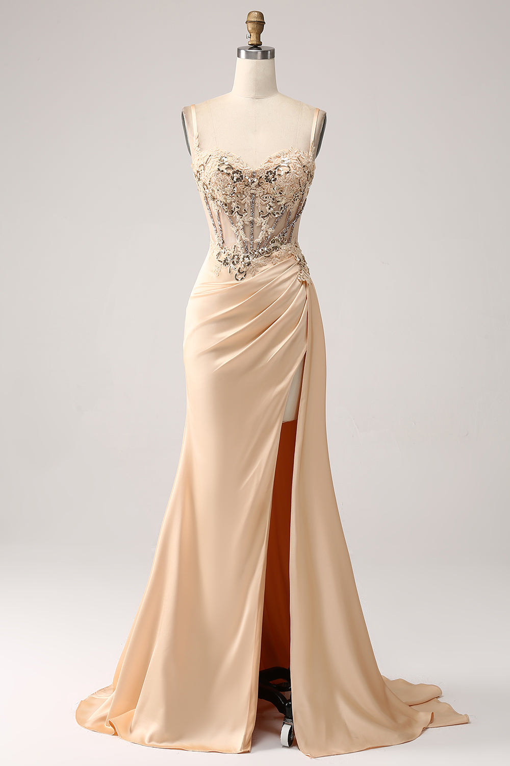 Wedtrend Women Champagne Long Prom Dress with Slit Mermaid Corset Sequin Ruched Satin Evening Dress with Appliques WEDTREND Wedtrend Women Champagne Long Prom Dress with Slit Mermaid Corset Sequin Ruched Satin Evening Dress with Appliques WEDTREND