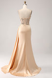 Champagne Mermaid Corset Sequin Ruched Satin Long Prom Dress with Slit