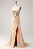 Champagne Mermaid Corset Sequin Ruched Satin Long Prom Dress with Slit