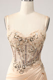 Champagne Mermaid Corset Sequin Ruched Satin Long Prom Dress with Slit