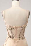 Champagne Mermaid Corset Sequin Ruched Satin Long Prom Dress with Slit