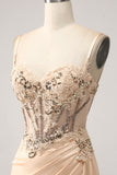Champagne Mermaid Corset Sequin Ruched Satin Long Prom Dress with Slit