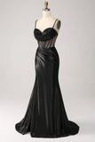 Mermaid Sweetheart Black Satin Long Prom Dress With Beading