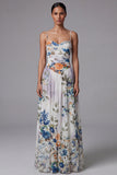 Black A Line Printed Ruched Long Formal Dress