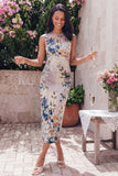 Black Floral Bateau Neck Ruched Midi Wedding Guest Dress