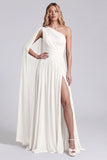 One Shoulder Burgundy A Line Formal Dress with Slit