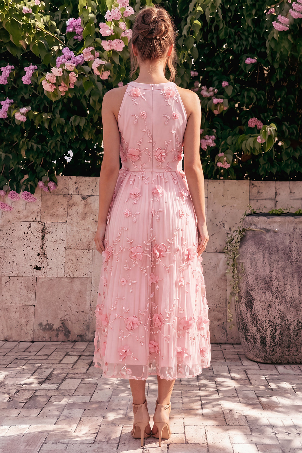 Wedtrend Women Halter Pink Wedding Guest Dress A Line Midi Dress with 3D Flowers, Pink / US20W