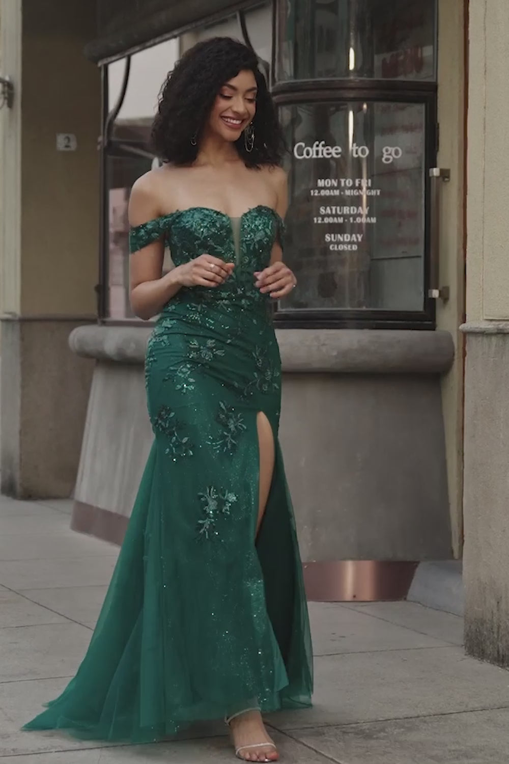 WEDTREND Women Dark Green Prom Dress with Appliques Mermaid Off The ShoulderFormal Dress with Slit