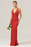 Pink Mermaid Deep V Neck Ruched Long Bridesmaid Dress with Lace Up Back