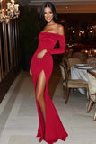 Off The Shoulder Black Sheath Formal Dress With Slit
