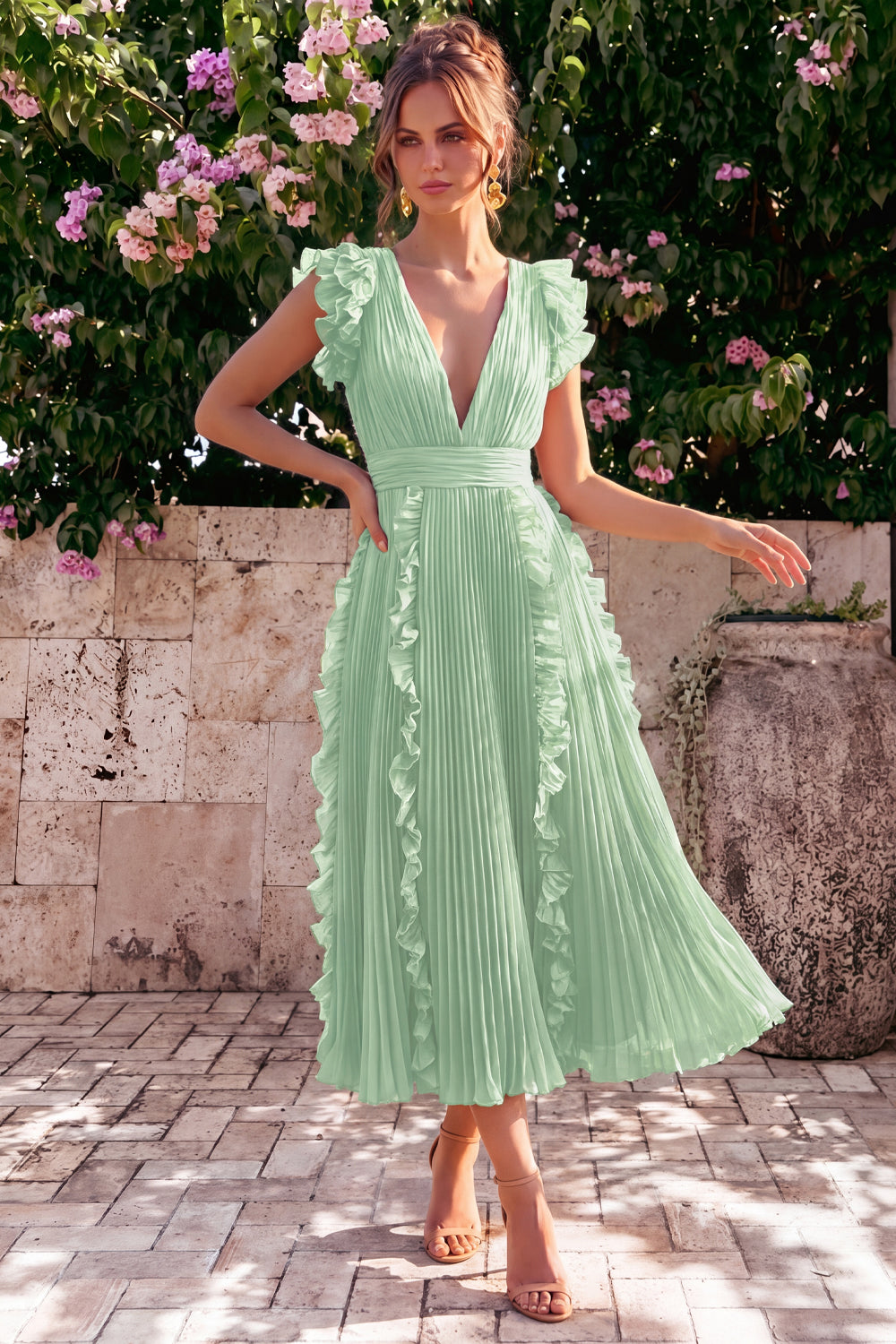 Wedtrend Women Dusty Rose Wedding Guest Dress Ruffle V Neck A Line Pleated Midi Party Dress, Eucalyptus / US18W