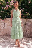 Pink Halter A Line Tiered Ruffle Midi Wedding Guest Dress