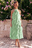 Lake Blue Halter A Line 3D Flower Wedding Guest Dress with Ruffles