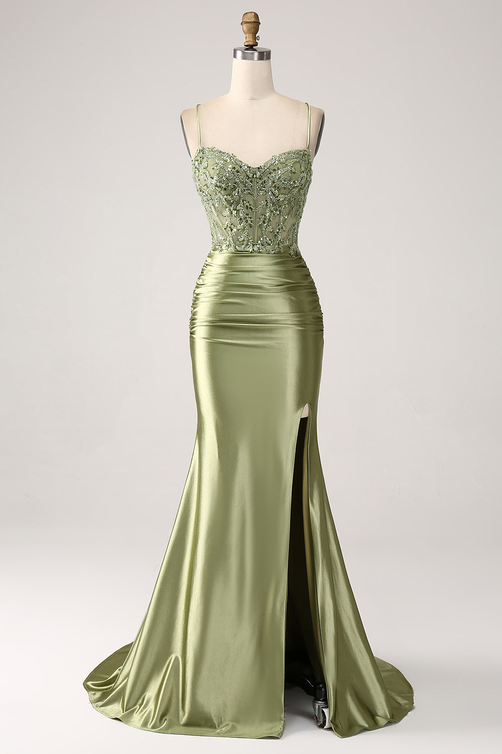 Sage Mermaid Spaghetti Straps Corset Sequin Lace-up Back Prom Dress With Slit Sage Mermaid Spaghetti Straps Corset Sequin Lace-up Back Prom Dress With Slit