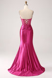 Fuchsia Sweetheart Pleated Long Corset Satin Mermaid Prom Dress with Slit