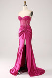 Fuchsia Sweetheart Pleated Long Corset Satin Mermaid Prom Dress with Slit