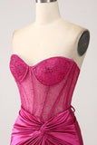 Fuchsia Sweetheart Pleated Long Corset Satin Mermaid Prom Dress with Slit