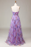 Dusty Rose A-Line Strapless Tiered Floor Length Tulle Prom Dress with Slit